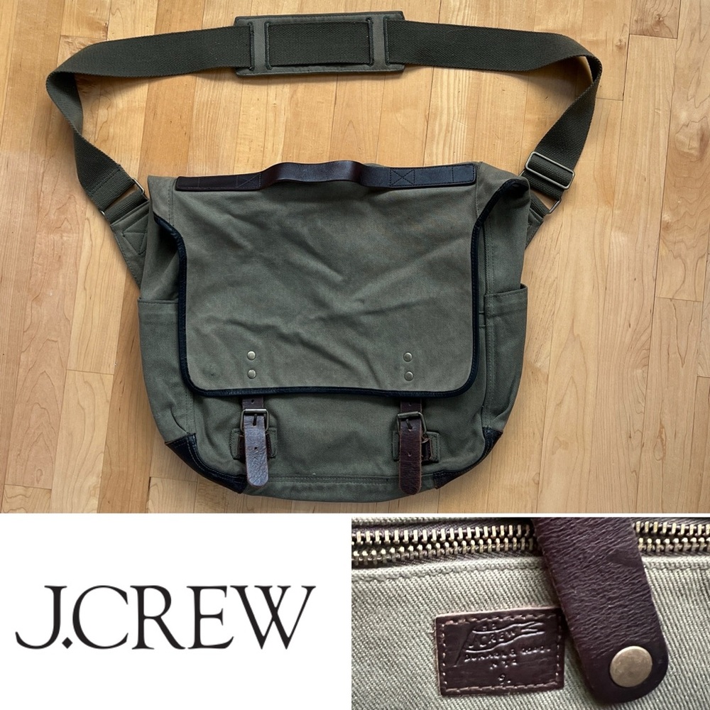 💼J.Crew Green Canvas Fabric & Brown Leather Adjustable Strap Messenger Bag